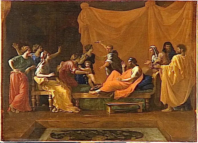 Moïse lapsi talloo jalkojensa alla Faaraonin kruunua - Nicolas Poussin