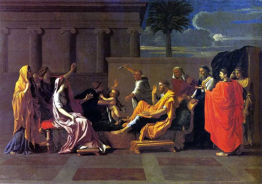 Moïse lapsena tallomassa Faraonin kruunua - Nicolas Poussin