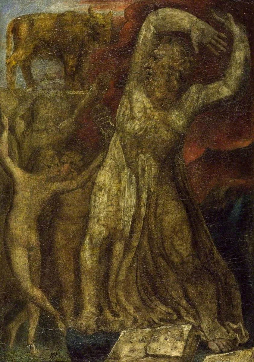 Moses suuttunut kultaisen vasikan edessä - William Blake