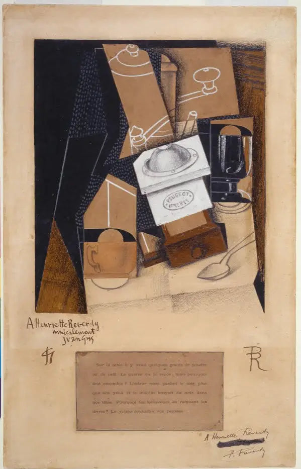 Kahvimylly, kuppi ja lasi pöydällä - Juan Gris