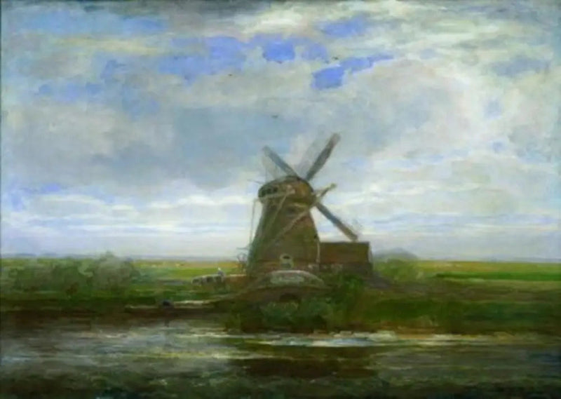 Oostzijdse mylly panoraamapäivänlaskun kanssa, mylly keskellä - Piet Mondrian