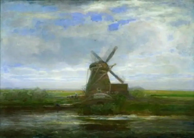 Oostzijdse mylly panoraamapäivänlaskun kanssa, mylly keskellä - Piet Mondrian