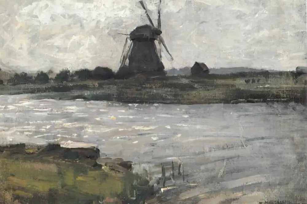 Moulin d'Oostzijdse vu du quai de la ferme de Landzicht - Piet Mondrian image 1 reproduction artisanale de tableau