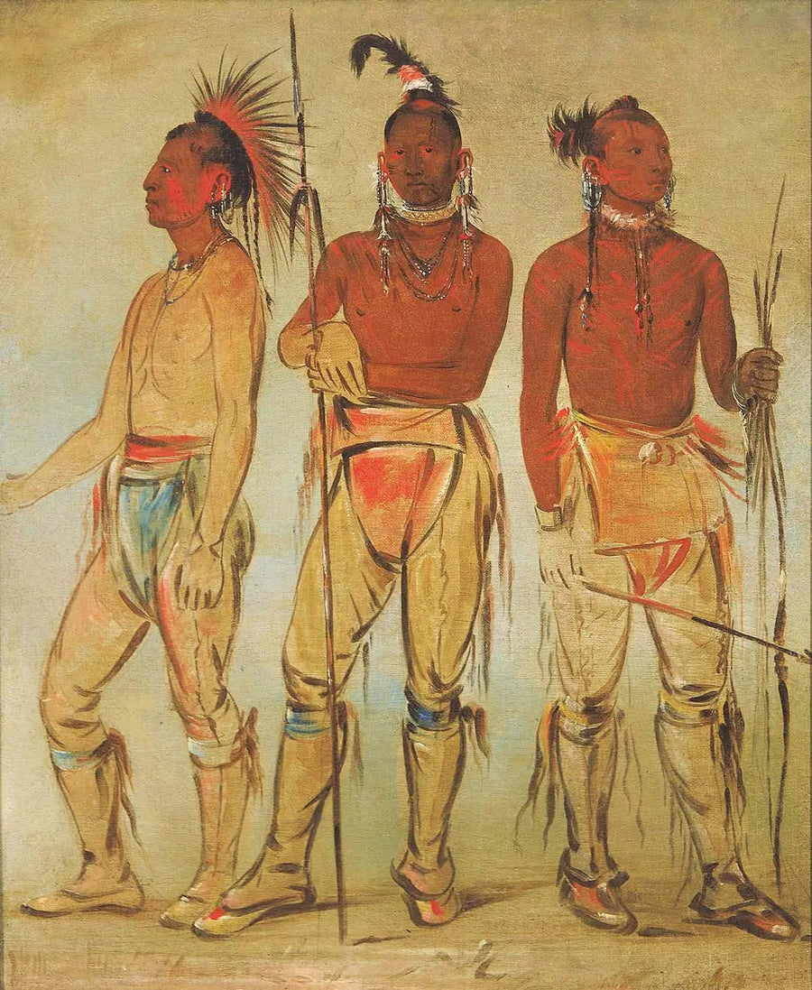 Mun-ne-pús-kee, Se joka ei pelkää; Ko-ha-túnk-a, Suuri Korppi; ja Nah-cóm-ee-shee, Sänkyihminen, Kolme nuorta soturia - George Catlin