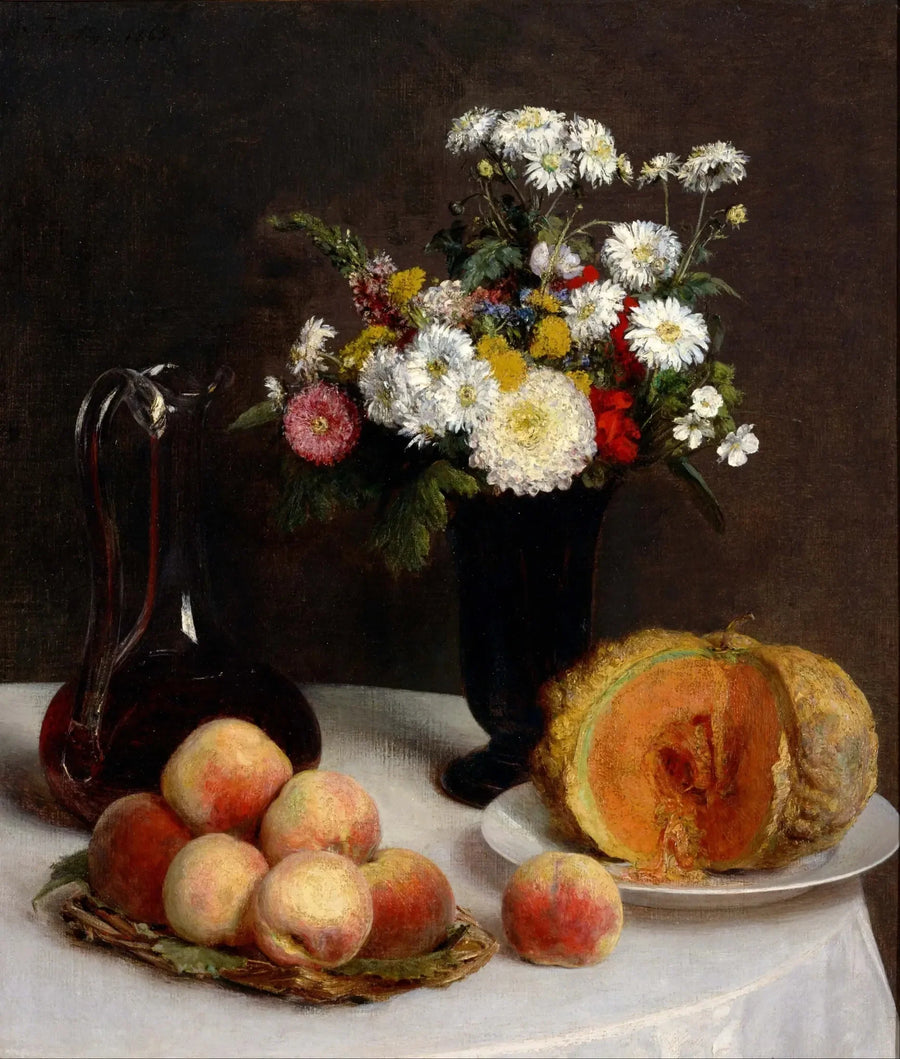 Still life with a carafe, flowers and fruits - Henri Fantin-Latour