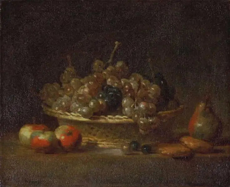 Still life koria kuivattuja viinirypäleitä, kolme omenaa, yksi päärynä ja kaksi marsipaania - Jean Siméon Chardin