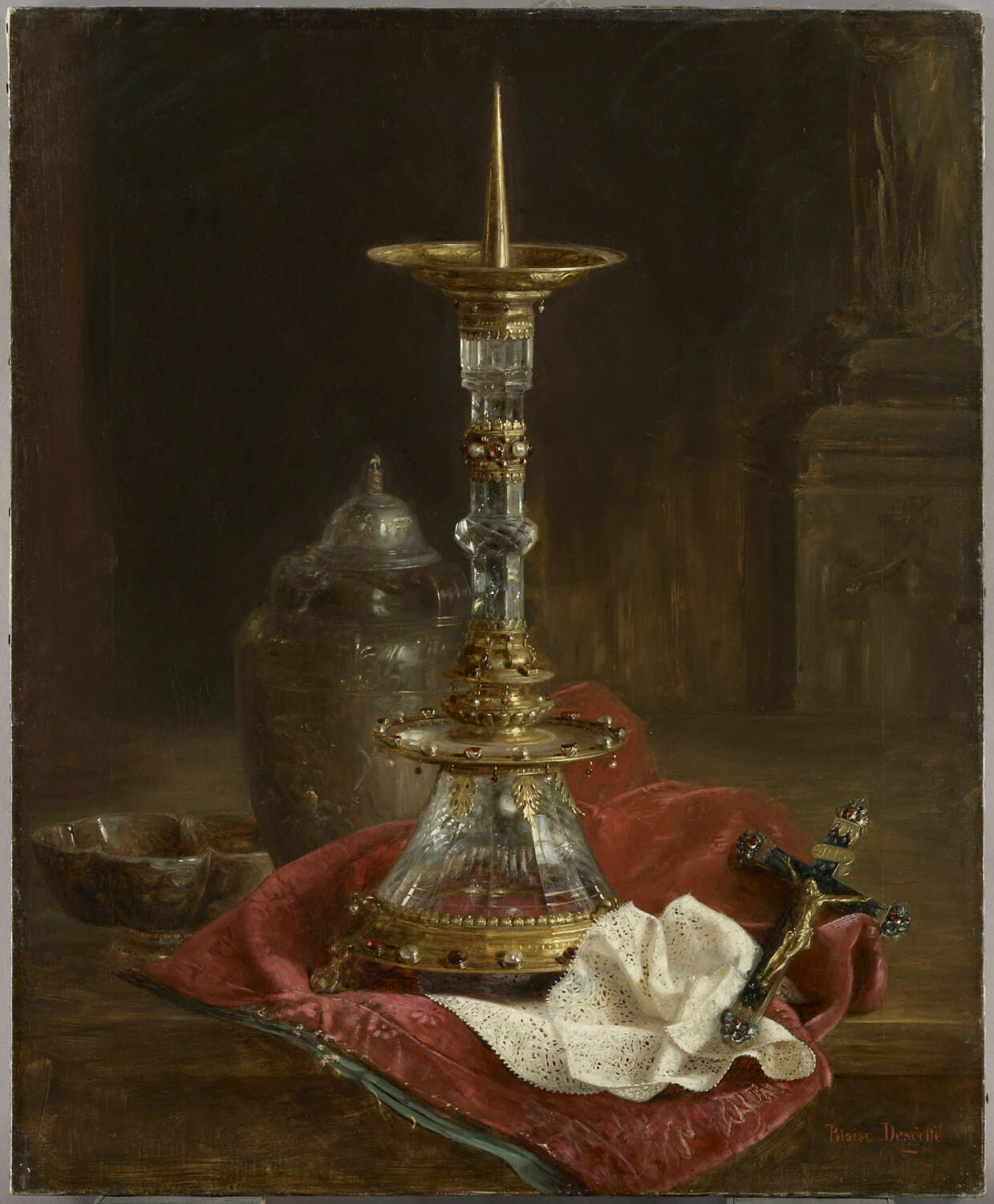 Nature morte au flambeau du Trésor de l'ordre du Saint-Esprit, gemmes et crucifix - Blaise Alexandre Desgoffe