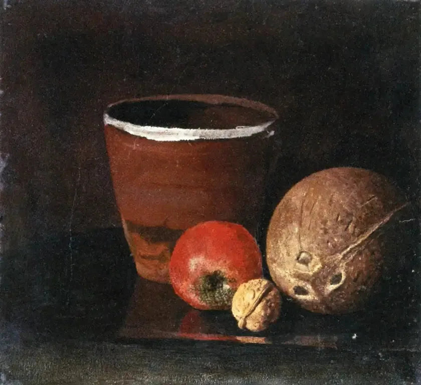 Still life with a pot, an apple, a walnut, and a coconut - Edvard Munch