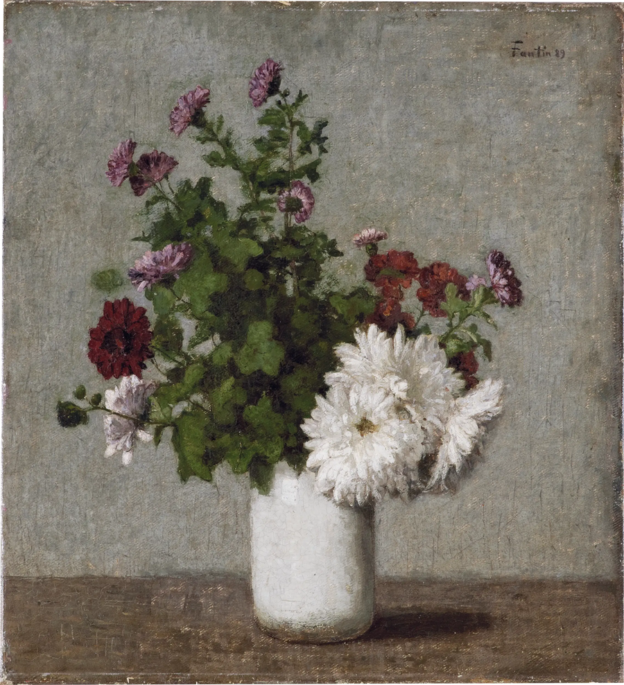 Syksyn krisantemumit valkoisessa maljassa - Henri Fantin-Latour