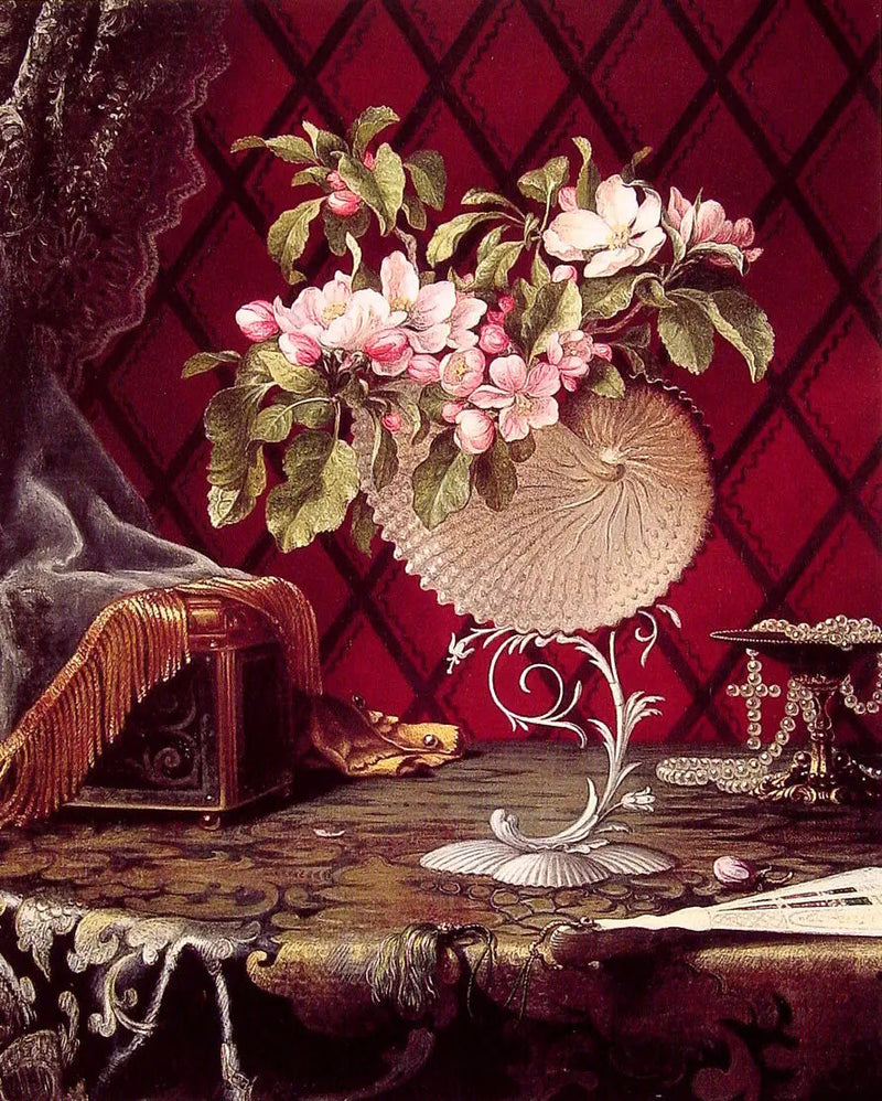 Kuva still life-kukista omenapuun kukista nautilus-kalassa - Martin Johnson Heade