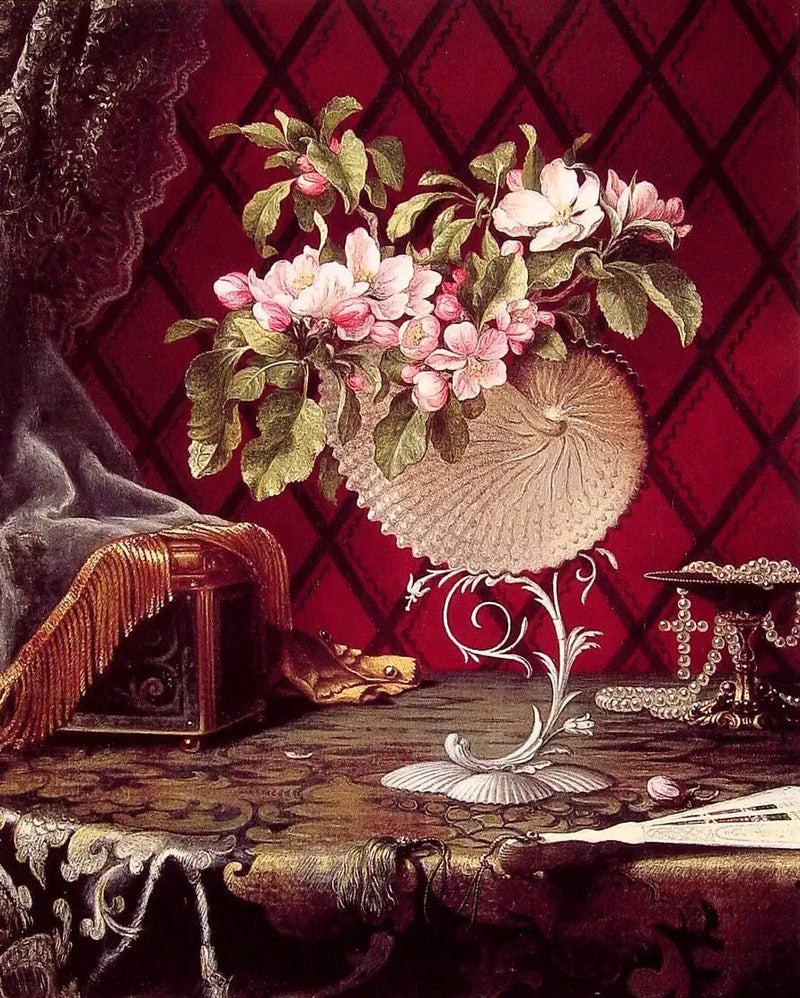 Kuva still life-kukista omenapuun kukista nautilus-kalassa - Martin Johnson Heade