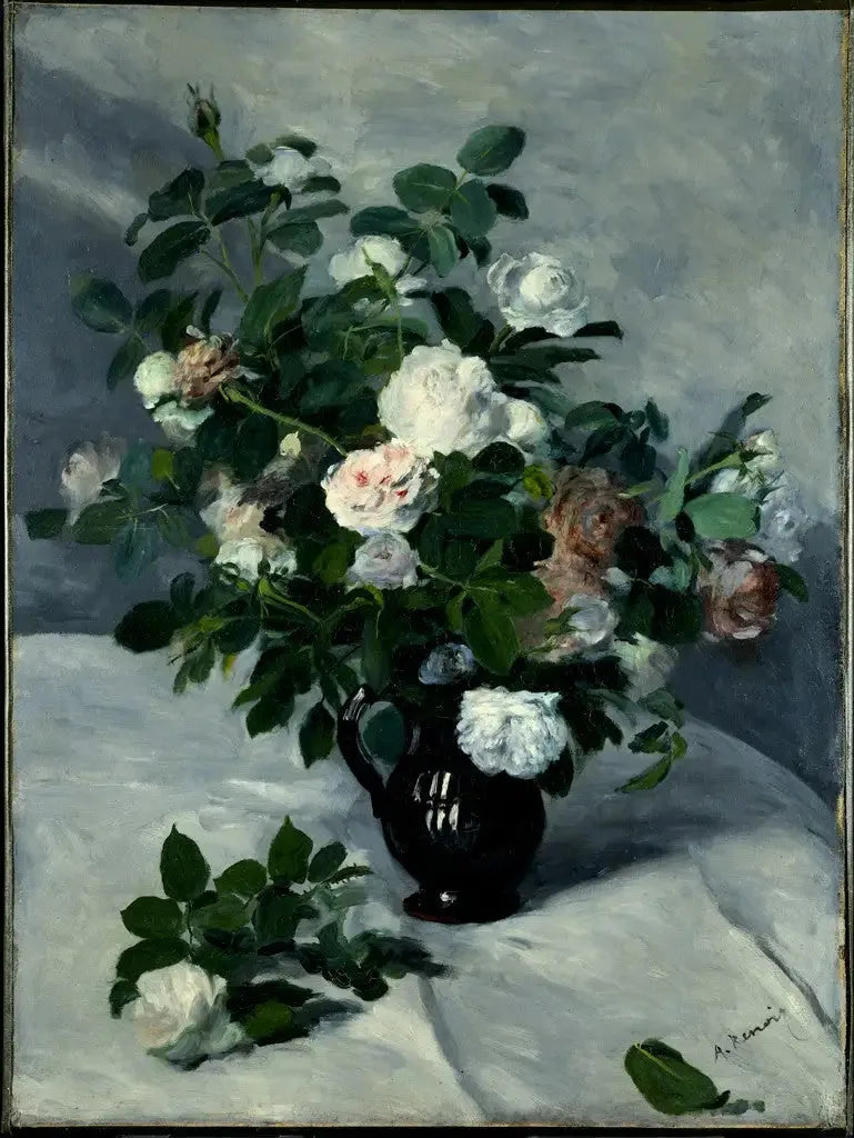 Ruokapöydän asetelma ruusujen kanssa - Pierre-Auguste Renoir