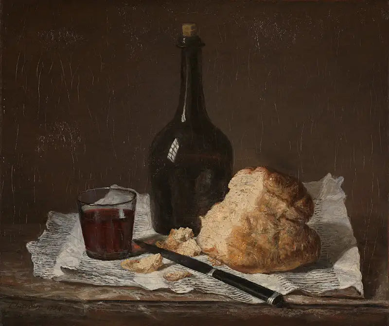 Still life with bottle, glass and bread - Jean Simeón Chardin