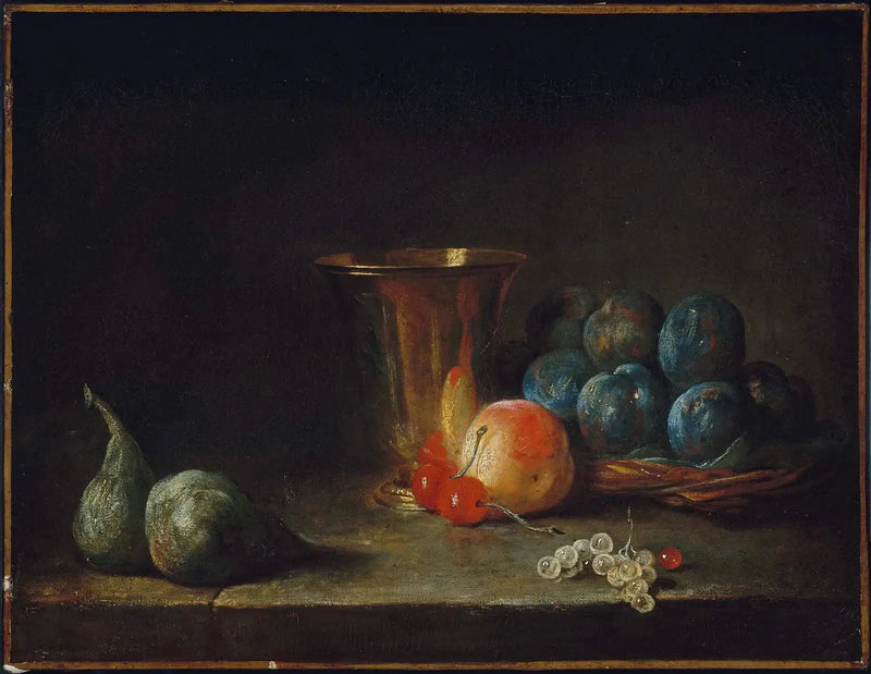 Still life with a carafe, silver goblet, and fruits - Jean Simeón Chardin