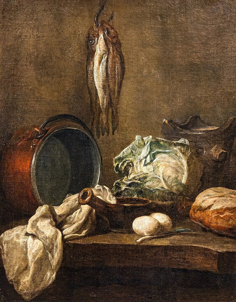 Still life with cauldron, skillet, stove, dish towel, cabbage, two eggs, leek, bread ja kolme silliä - Jean Siméon Chardin