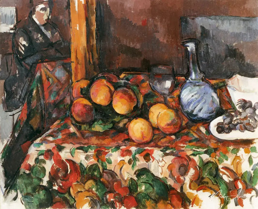 Nature morte avec des pêches, carafe et silhouette - Paul Cézanne - Reproductions de tableaux et peintures haut de gamme