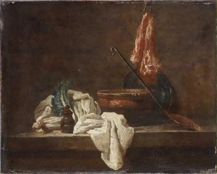 Still life with two celery stalks, spice box, dishcloth, terrine, plate, skimmer, and piece of meat - Jean Siméon Chardin