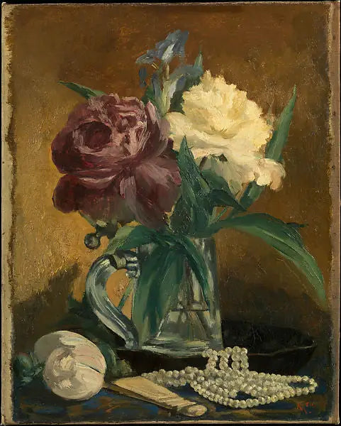 Still life with flowers, fan and pearls - Édouard Manet