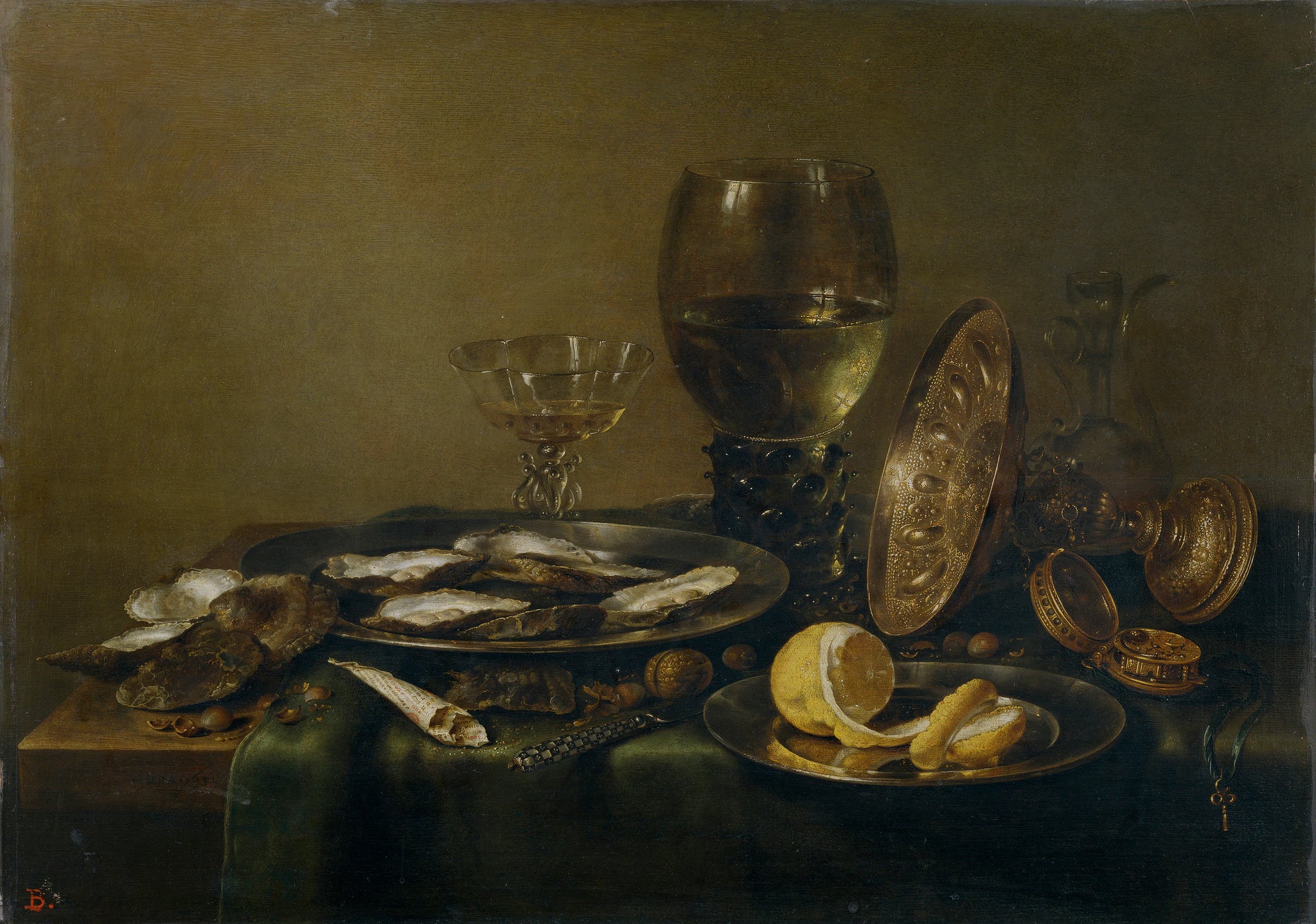 Nature morte avec gobelet en argent, Römer et des huîtres - Willem Claesz. Heda