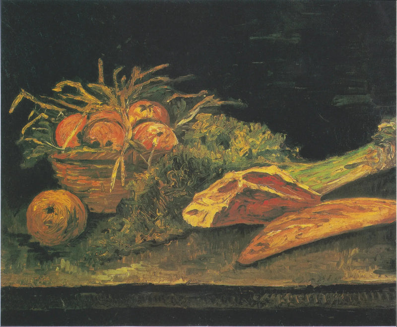 Asetelma omenakorin, lihan ja sämpylöiden kanssa - Vincent van Gogh