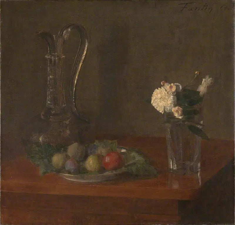 Still life with glass jug, fruits and flowers - Henri Fantin-Latour