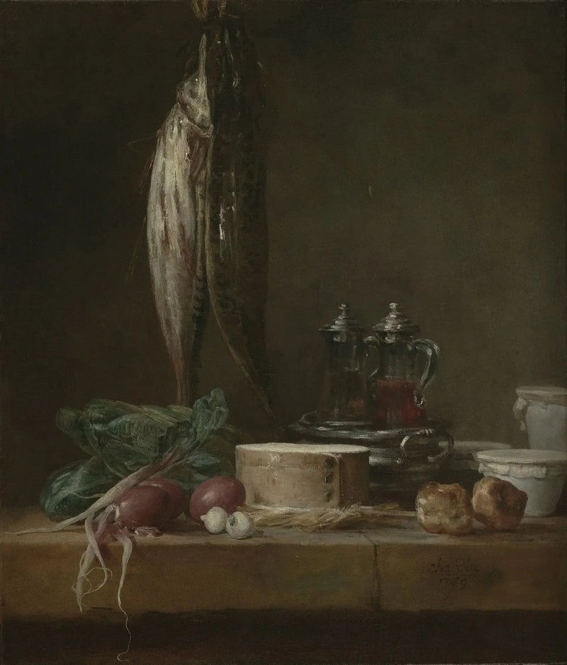 Still life with fish, vegetables, gougères, pots and burettes on a table - Jean Siméon Chardin