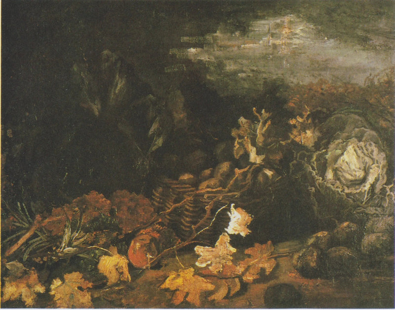 Kuolema-asetelma perunakorin kanssa, ympäröity syyslehdillä ja vihanneksilla - Vincent van Gogh