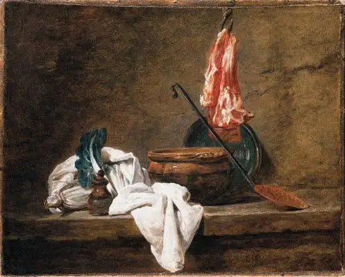 Still life with a dishcloth, a pot, a plate, a skimmer and meat on a hook - Jean Siméon Chardin
