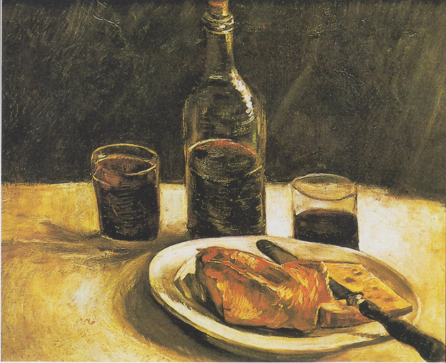 Still life with a bottle, two glasses, cheese, and bread - Vincent van Gogh