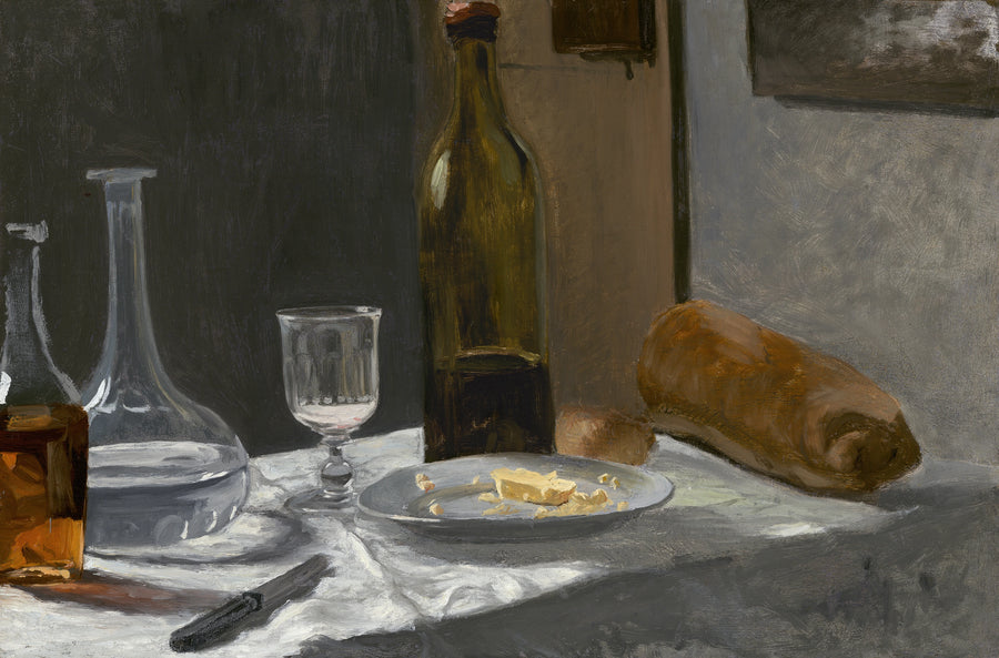 Asetelma pullon, karafin, leivän ja viinin kanssa W13 - Claude Monet