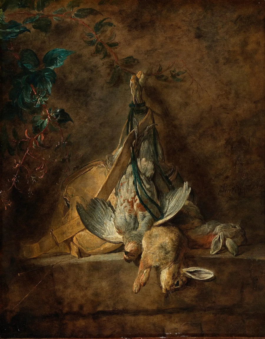 Still life: kaksi jänistä, harmaa peltopyy, laukku ja ruutitynnyri - Jean Siméon Chardin