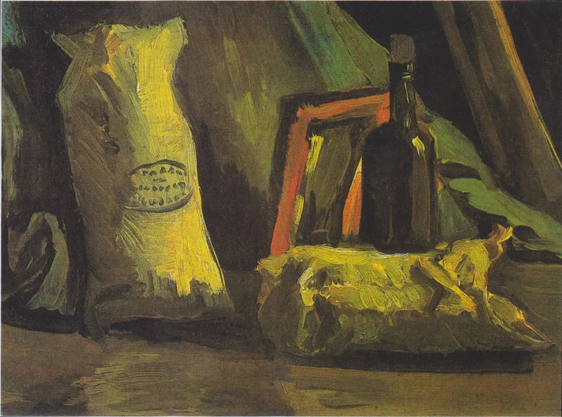 Still life with two bags and a bottle - Vincent van Gogh
