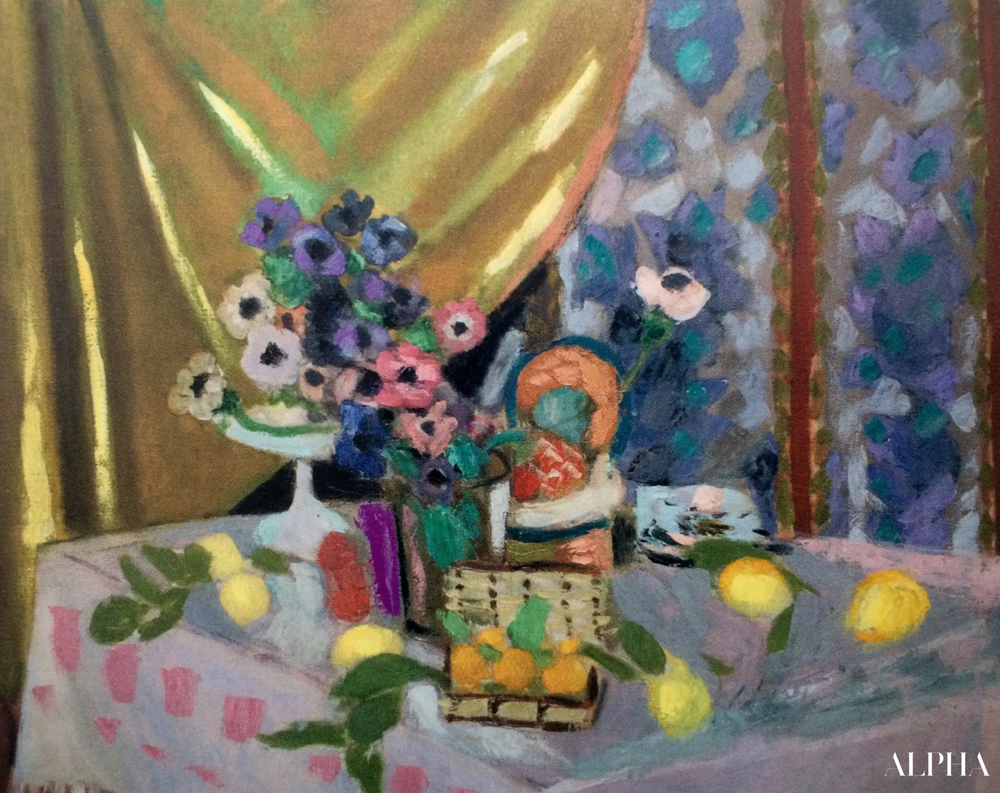 Luonto kuollut Vaaleanpunainen pöytäliina Anemonivasi Sitruunoita ja ananasta - Matisse - Taulujen ja korkealaatuisten maalauksien reproduktiot