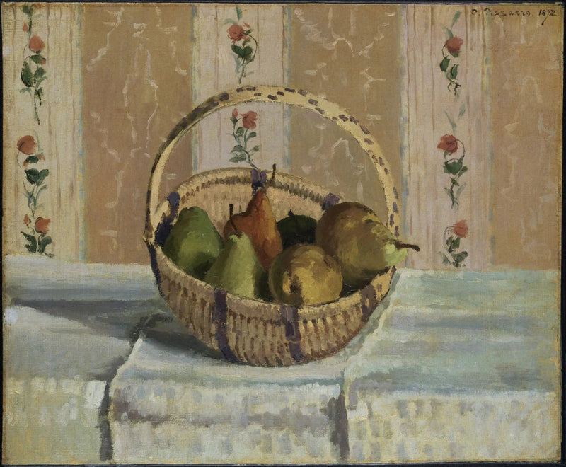 Still life: omenoita ja päärynöitä pyöreässä korissa - Camille Pissarro