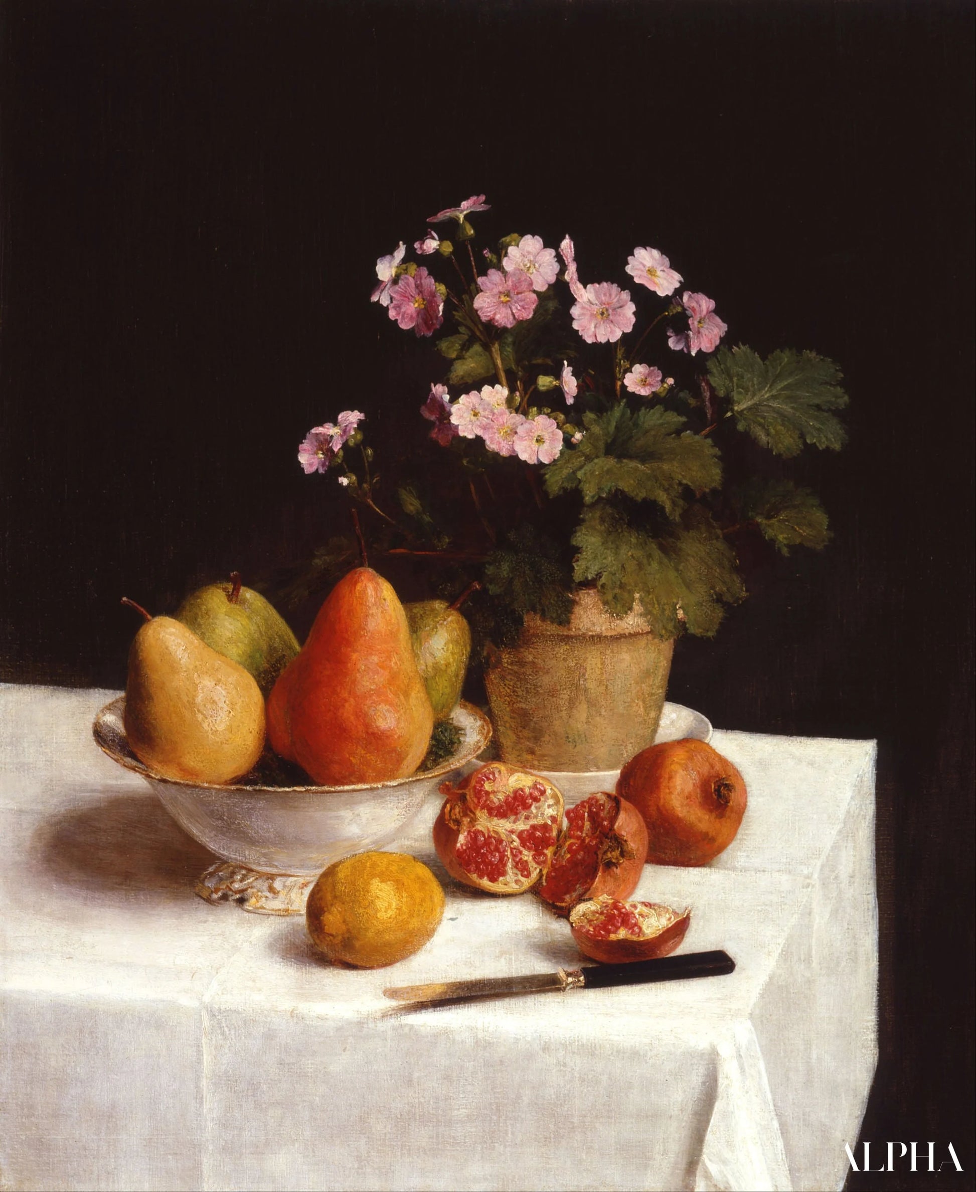 "Still Life (primroses, pears and pomegranates) - Henri Fantin-Latour - Korkealaatuiset taulujen ja maalauksien reproduktiot"