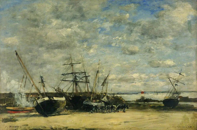 Laivat ja hevoset rannalla - Eugène Boudin