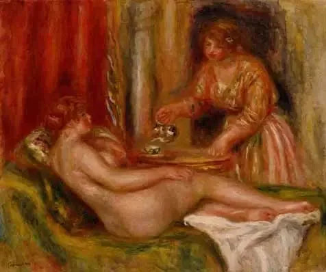 Nu pitkä ja palvelija tarjoamassa teetä - Pierre-Auguste Renoir