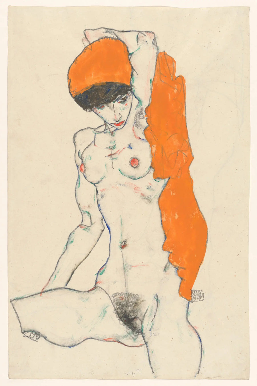 Seisova nainen oranssilla drapeerauksella - Egon Schiele