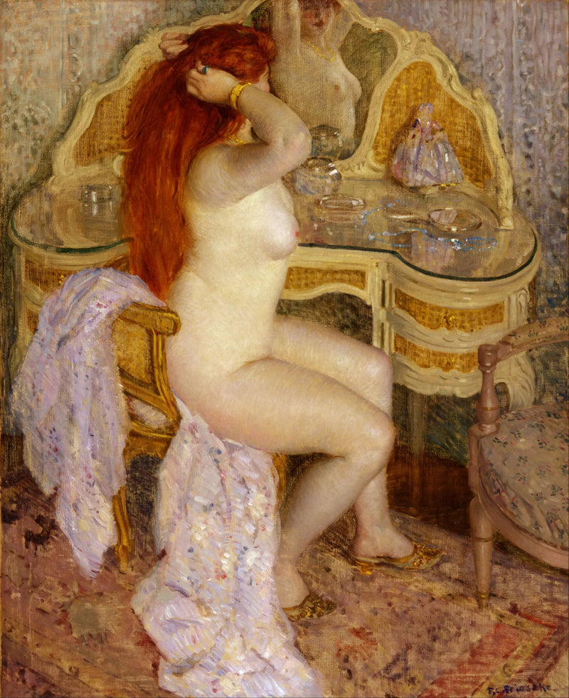 Nuori istuu hiuslaitteensa ääressä - Frederick Carl Frieseke