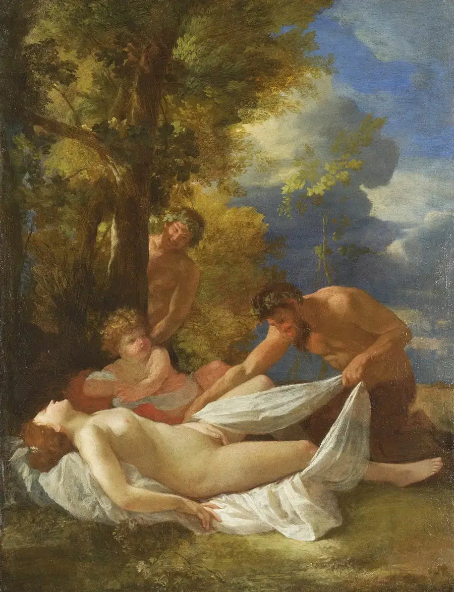 Nymfi nukkumassa yllättynyt satyyreistä - Nicolas Poussin