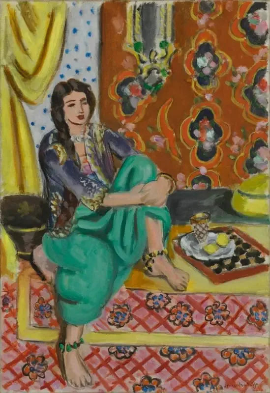Istuva odaliski, vasen polvi koukistettuna, koristeellinen tausta ja ruudukko - Henri Matisse