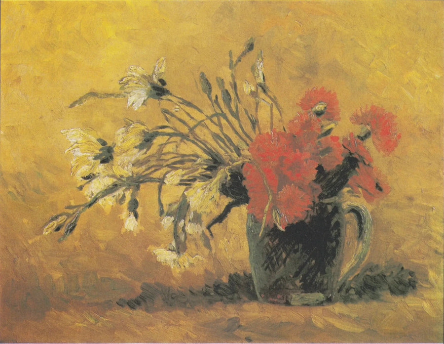 Maljakko punaisella ja valkoisella neilikkalla keltaisella taustalla - Vincent van Gogh