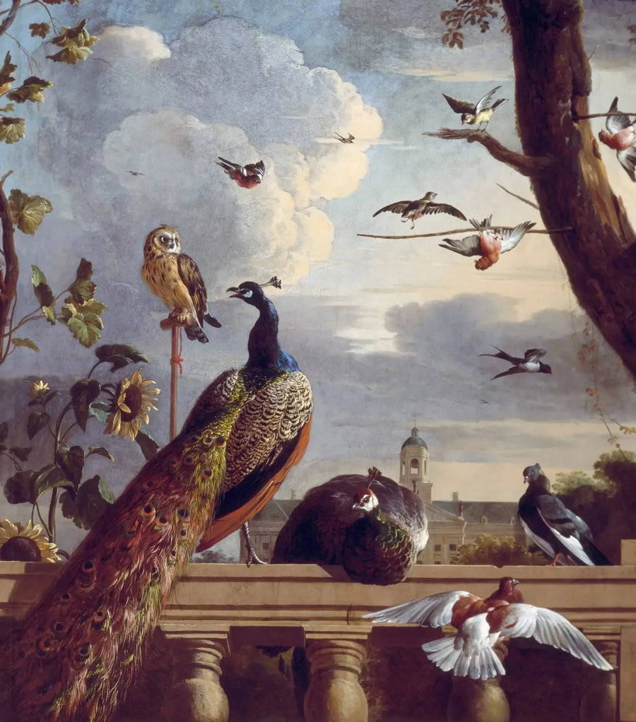 Linnut balustradilla, taustalla Amsterdamin kaupungintalo, 1670 - Melchior de Hondecoeter
