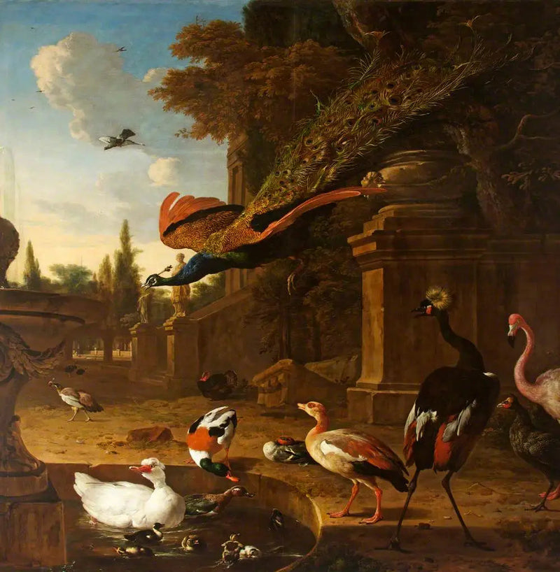 koristeelliset linnut ja niiden ympärillä oleva lampi puistossa, jossa lentävä peacock - Melchior de Hondecoeter