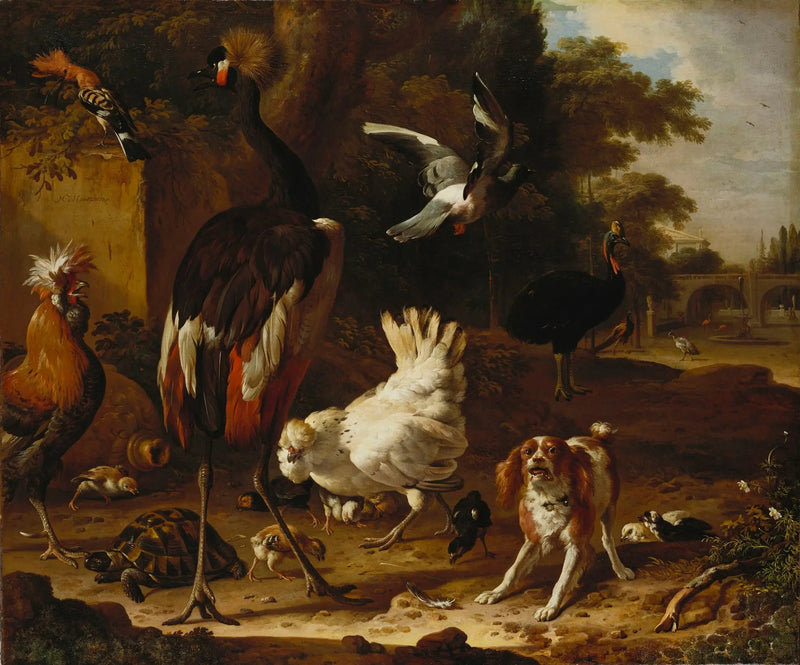 Linnut ja spanielit puutarhassa - Melchior de Hondecoeter
