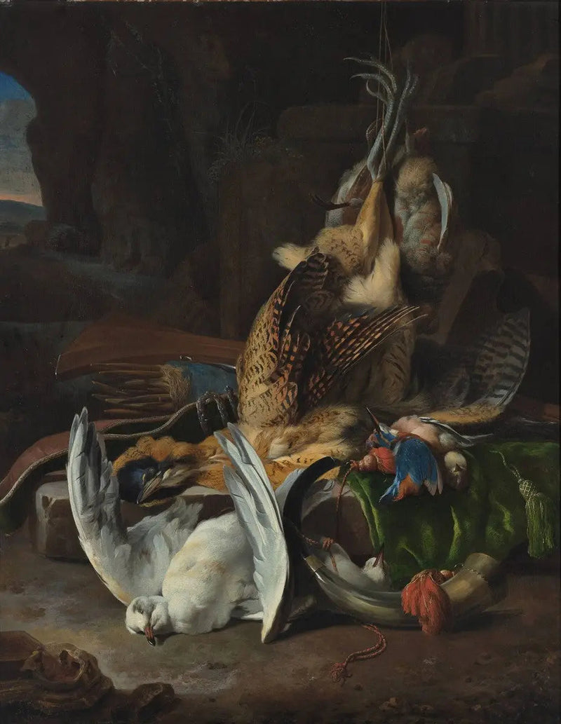 Kuolleet linnut ja metsästystarvikkeet - Melchior de Hondecoeter