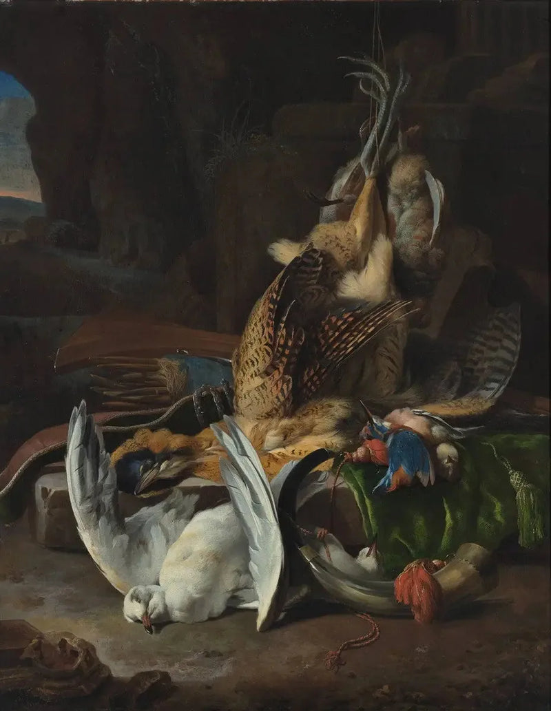 Kuolleet linnut ja metsästystarvikkeet - Melchior de Hondecoeter