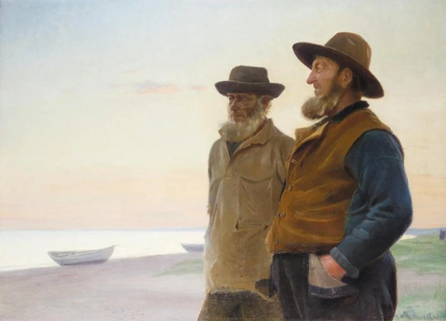 Ole Svendsen ja Wolle (Ole Christoffersen) katselevat merta auringonlaskun aikaan. - Michael Peter Ancher