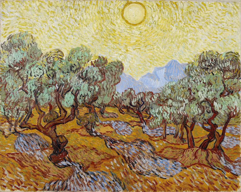 Oliivipuut keltaisella taivaalla ja auringolla - Vincent van Gogh