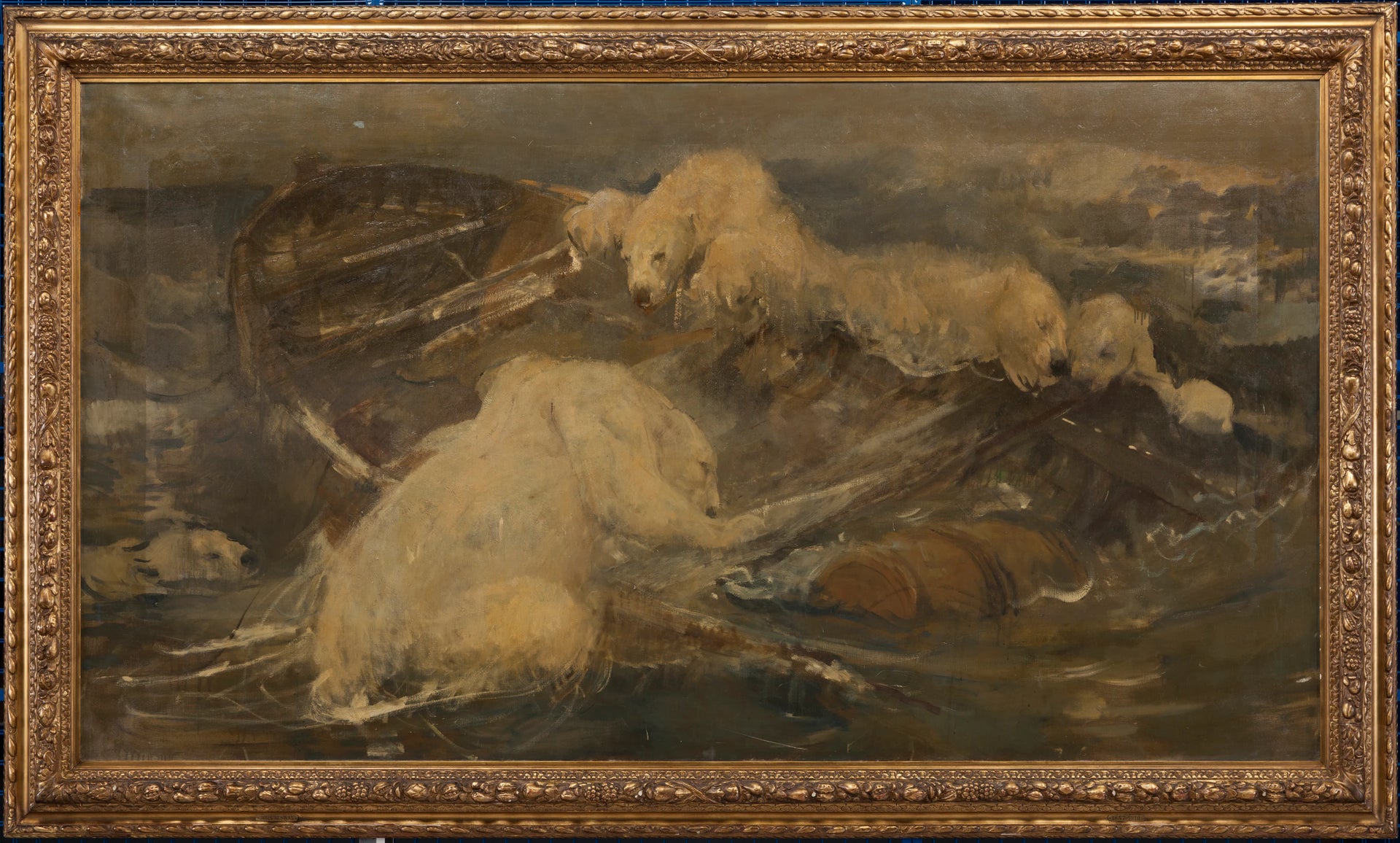 Des ours polaires grimpent sur un bateau flottant - John Macallan Swan